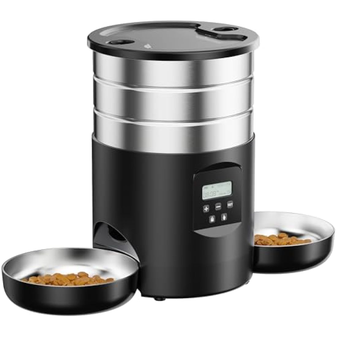 Automatic Cat Feeder For 2 Cats - Stainless Steel Cat Food Dispenser for Fresh Dry Food with Timer - 5L Electric Pet Feeder with Double Bowls Indoor- Auto Small Dog Feeder Dual Power - Button Control
