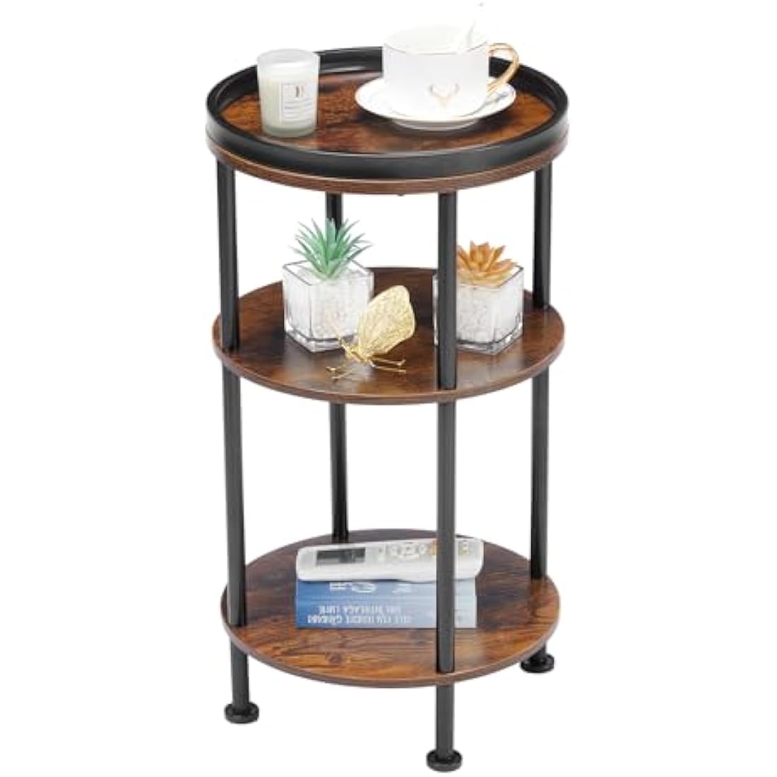 YEAKOO Nordic End Table, 3-Tier 30cm Round Side Table with Storage Shelf Edge Protection Tray, Sturdy Metal Frame Coffee Table Bedside Table for Living Room Bedroom Small Spaces-Rustic Brown