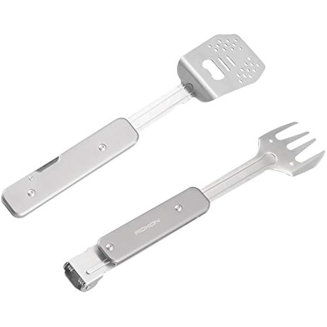ROXON 4 in 1 Compact Mini BBQ Barbecue Combo Tool Set with Spatula, Fork, Tongs and Bottle Opener for Hiking Camping (Grey)