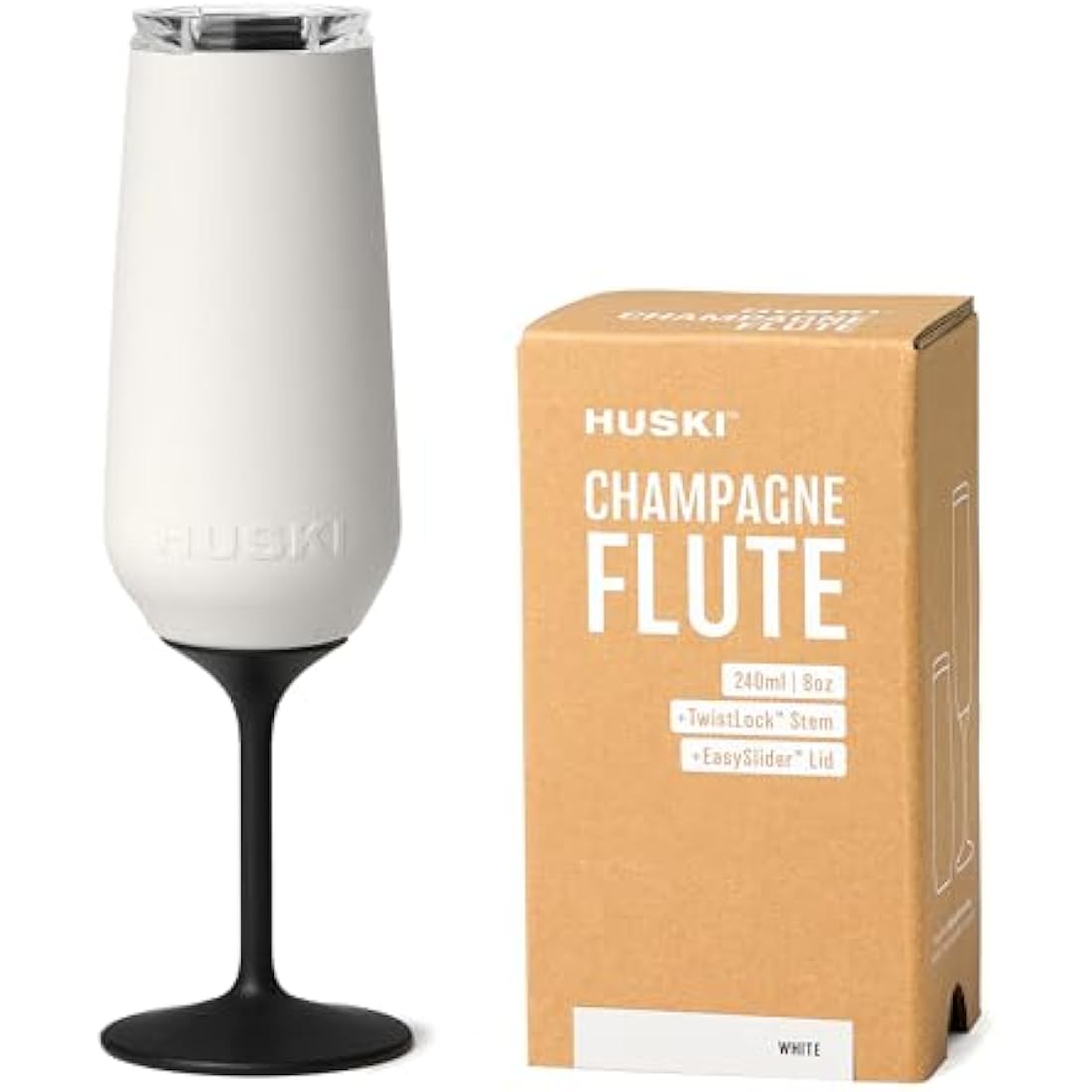 Huski Champagne Flute | New | Award-Winning Design with Detachable Stem | Premium Stainless Steel Champagne Glass with Lid | Triple Insulated Tumbler | 240ml Capacity | Great Gift (White)