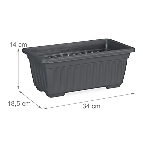 Relaxdays Set of 4 Planters, Indoor & Outdoor, Square Flower Pot, Narrow, HxWxD: 14 x 34 x 18.5 cm, Plastic, Anthracite