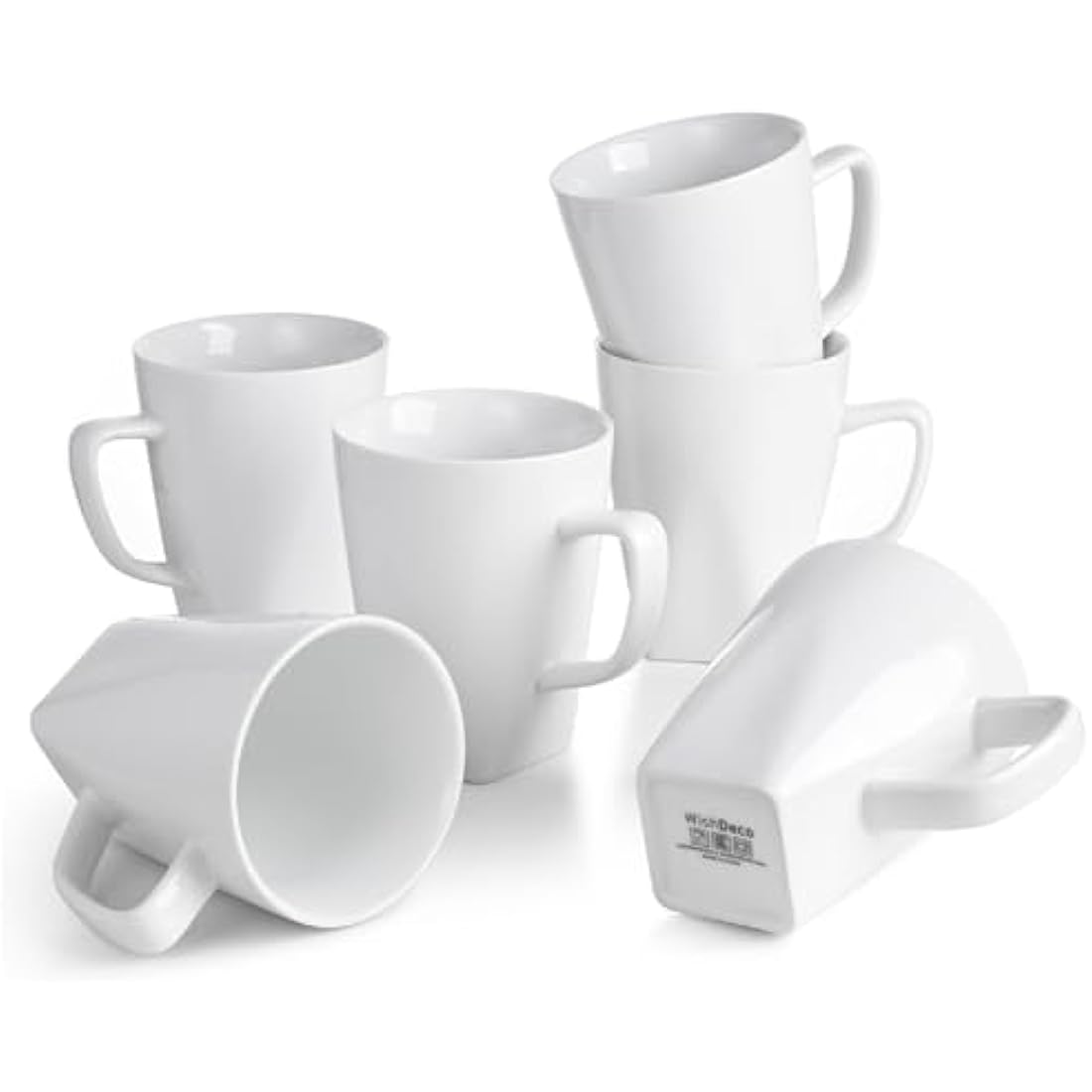WishDeco Coffee Mugs Set of 6, White Mugs with Handle, 400ml / 14oz Porcelain Coffee Cups, Tea Cups, Large Mugs for Milk, Juice, Hot Chocolate, Latte, Square Bottom