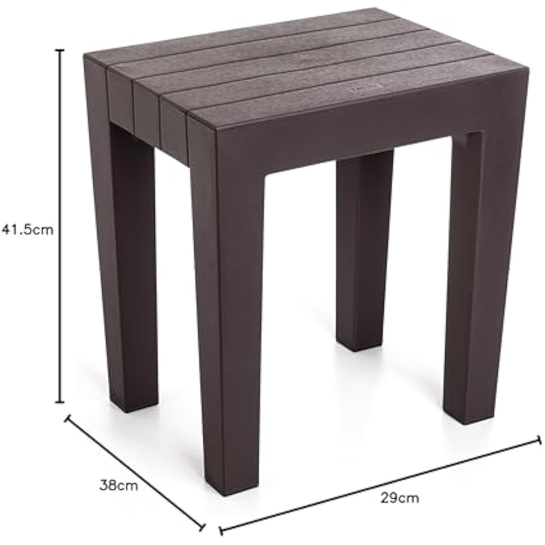 TATAY rectangular stool made of brown textured polypropylene, with a wood effect finish. Anti-UV protection, suitable for indoor and outdoor use. Size 38x29x41m5 cm