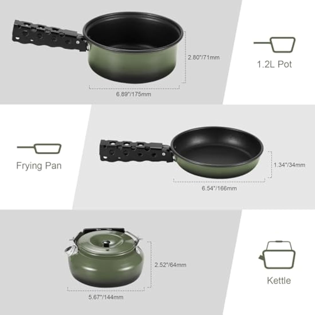 Odoland 5pcs Camping Cookware Mess Kit, Non-Stick Lightweight Pot Pan Kettle Set with a removable handle - Perfect for Backpacking, Camping, Hiking, and Picnic