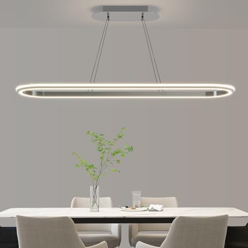 Mikeru Modern LED Oval Pendant Light, 110cm Kitchen Island Pendant Light, Dimmable 3000k-6500k Ceiling Chandelier, Brightness Adjustable 10%-100% for Office, Living Room, Island