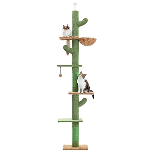 PAWZ Road Cactus Cat Tree Floor to Ceiling Cat Tower with Adjustable Height(229-275cm), 5 Tiers Cat Climbing Activity Center with Cozy Hammock,