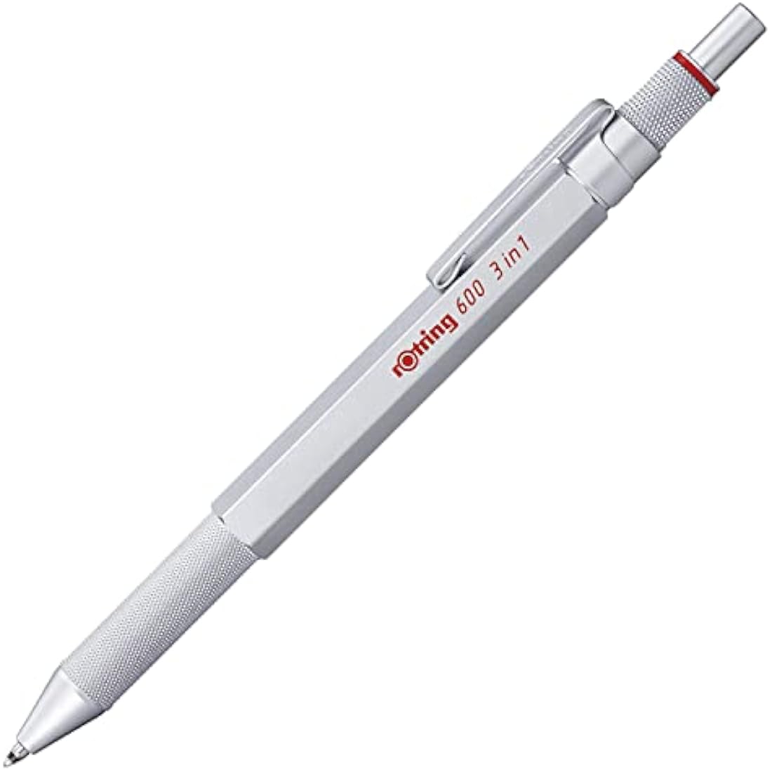 rOtring 600 3-in-1 Multicolour Pen and Mechanical Pencil | Black & Red Ballpoint Pen Tips | 1 Mechanical Pencil Tip (0.5mm) | Silver Barrel