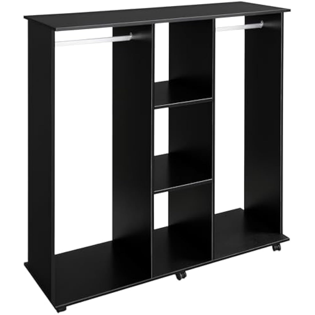 HOMCOM Double Open Wardrobe on Wheels, Bedroom Wardrobe with Clothes Hanging Rails, 3 Storage Shelves, Mobile Garment Rack for Cloakroom, Hallway, Black