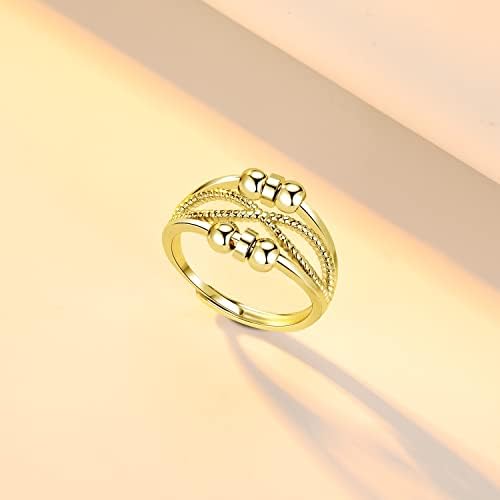Cangall 925 Sterling Silver Anxiety Ring - Adjustable Open Fidget Ring With Beads Spinner for Stress and Depression Relief - Unisex Anti-Anxiety Ring