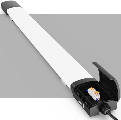 Amdelne LED Batten Light 5FT 150CM, Plug in Linkable Garage Lighting, IP65 Waterproof Ceiling Strip Lights for Shed, Workshop, Office, Kitchen, 45W 6500K Daylight