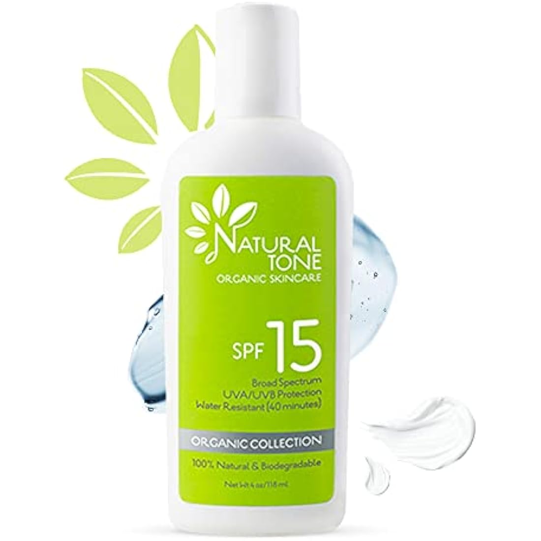 SPF15 Broad Spectrum Natural Sunscreen, Soothing & Hydrating Sunscreen Lotion, Plant-Based Sun Block, Water-Resistant Sun Screen Protector for Face and Body, 118ml - Natural Tone Organic Skincare