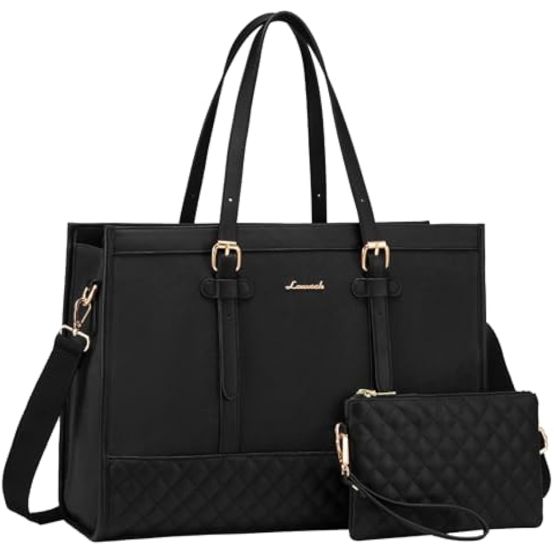 LOVEVOOK Laptop Bags for Women 15.6 Inch, Ladies Handbags for Work Business, Womens Large Tote Bag, Leather Shoulder Bag with Clutch Lightweight for Office Business School College Shopping, Black