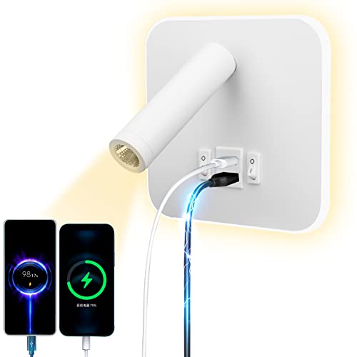 uksunvi LED Reading Lamp Wall Lamp USB Type-C Two Charge Mouth Switch Adjustable 12W LED Spotlight 3000K Wall Lamp Aluminum Bed Lamp Rotatable (Square