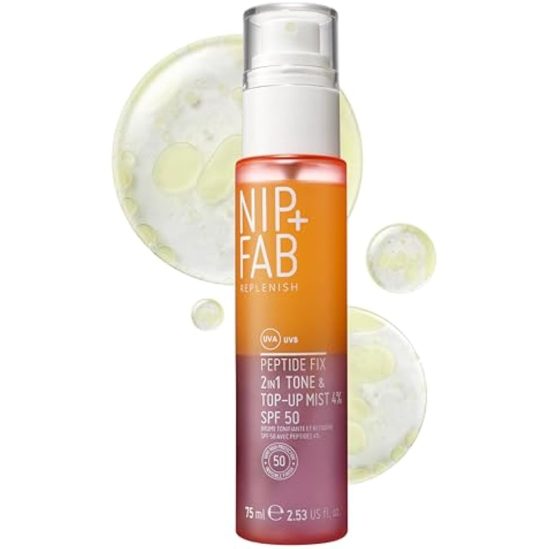 Nip+Fab Peptide Fix 2-in-1 Tone & Top-Up Mist, 4% SPF 50, Replenish and Rehydrate Your Skin, Top-Up your Sun Protection On-The-Go, SPF Top-Up Over Makeup, 75ml