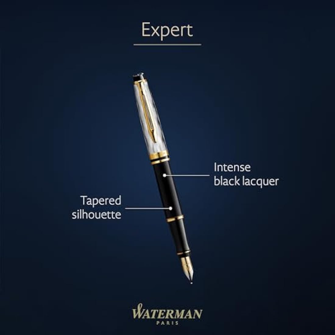 Waterman Expert Fountain Pen | Metal & Black Lacquer with Gold trim & Chiselled cap | Stainless steel Medium Nib | Blue Ink | Gift Box