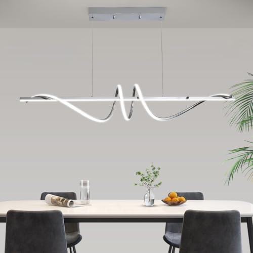 Mikeru 120cm Spiral Pendant Lighting, Chrome Kitchen Ialand Lights 3000K/4500K/6500K Dimmable 10% to 100% Hanging Modern LED Dining Lamp Ceiling with Memory Function for Living Room