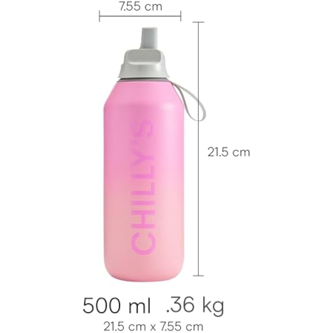 Chilly's Series 2 Flip Water Bottle with Sports Lid, Telescopic Straw and Nylon Carry Loop - Easy Flip Lid, Straw Cleaning Brush Included