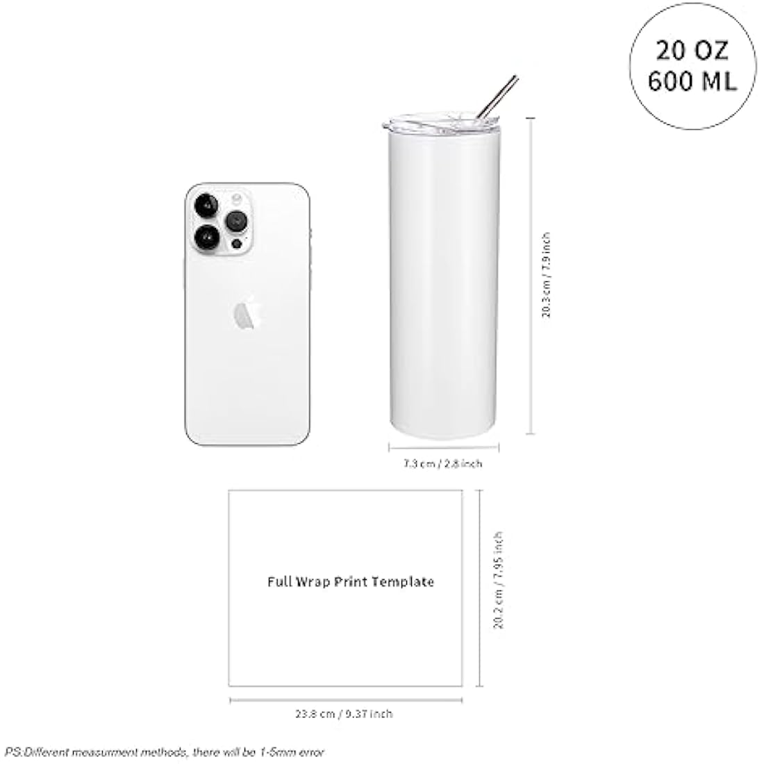 PYD Life Sublimation Blanks Skinny Tumbler White 20 OZ Straight Stainless Steel Tumbler with Metal Straw for Mug Tumbler Heat Press Machine Sublimation Printing 4 Pack