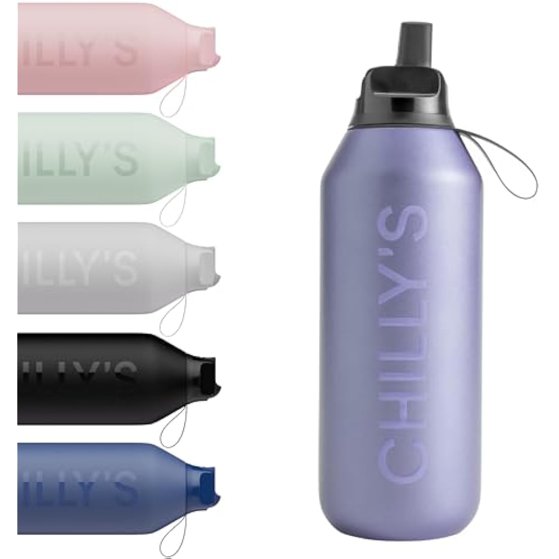 Chilly's Series 2 Flip Water Bottle with Sports Lid, Telescopic Straw and Nylon Carry Loop - Easy Flip Lid, Straw Cleaning Brush Included