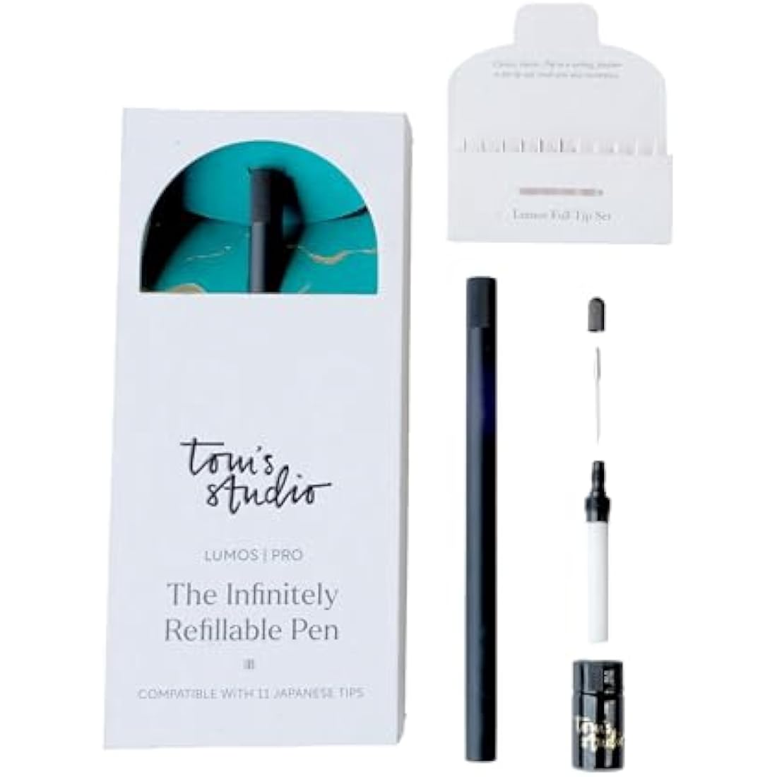 Tom's Studio Lumos Pro Duo Tip (Matte Black) | Refillable Fineliner, Writing & Brush Pen | Comes with 11 Tips, 3ml Deep Black Ink Sample & 2x Ink Reservoirs