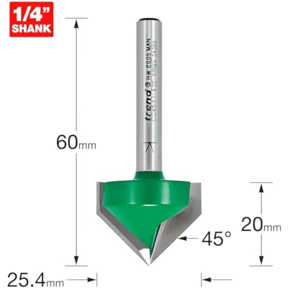 Trend CraftPro Chamfer Router Cutter Bit, 1/4 Inch Shank, 25.4mm Cut Diameter & 45 Degree V Groove, Tungsten Carbide Tipped, C045X1/4TC