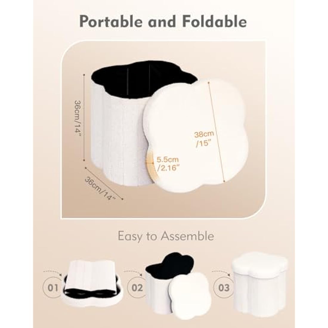 Bonlife White Ottoman Storage Box,Folding Storage Seat Box,Small Footstool For Living Room,Kid's Toy Chest Box,Teddy Flower Shape,38x38x38cm