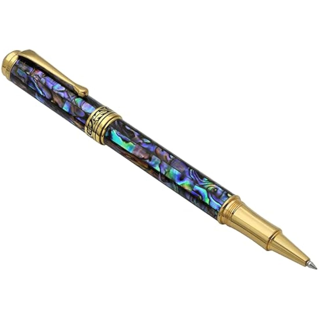 Xezo Maestro Fine Point Rollerball Pen, Iridescent Paua Sea Shell with 18 Karat Gold Plating. Handmade, Limited Edition, Serialized. No Two Alike