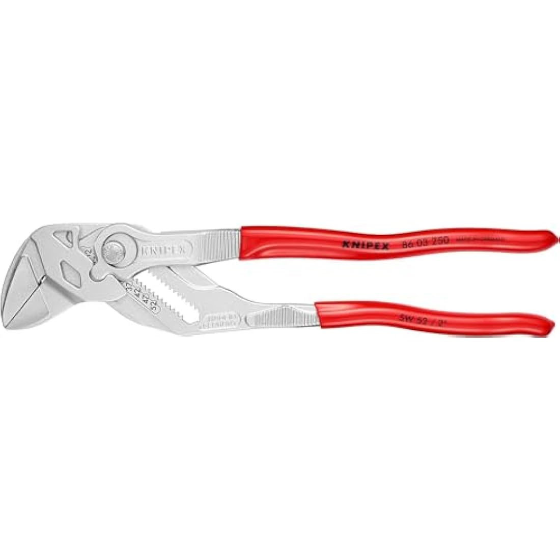KNIPEX Pliers Wrench, Chrome-Plated, 250 mm, Grips Continuously Up to 52 mm, Fine Adjustment by Button Push, Adjustable Wrench, 86 03 250