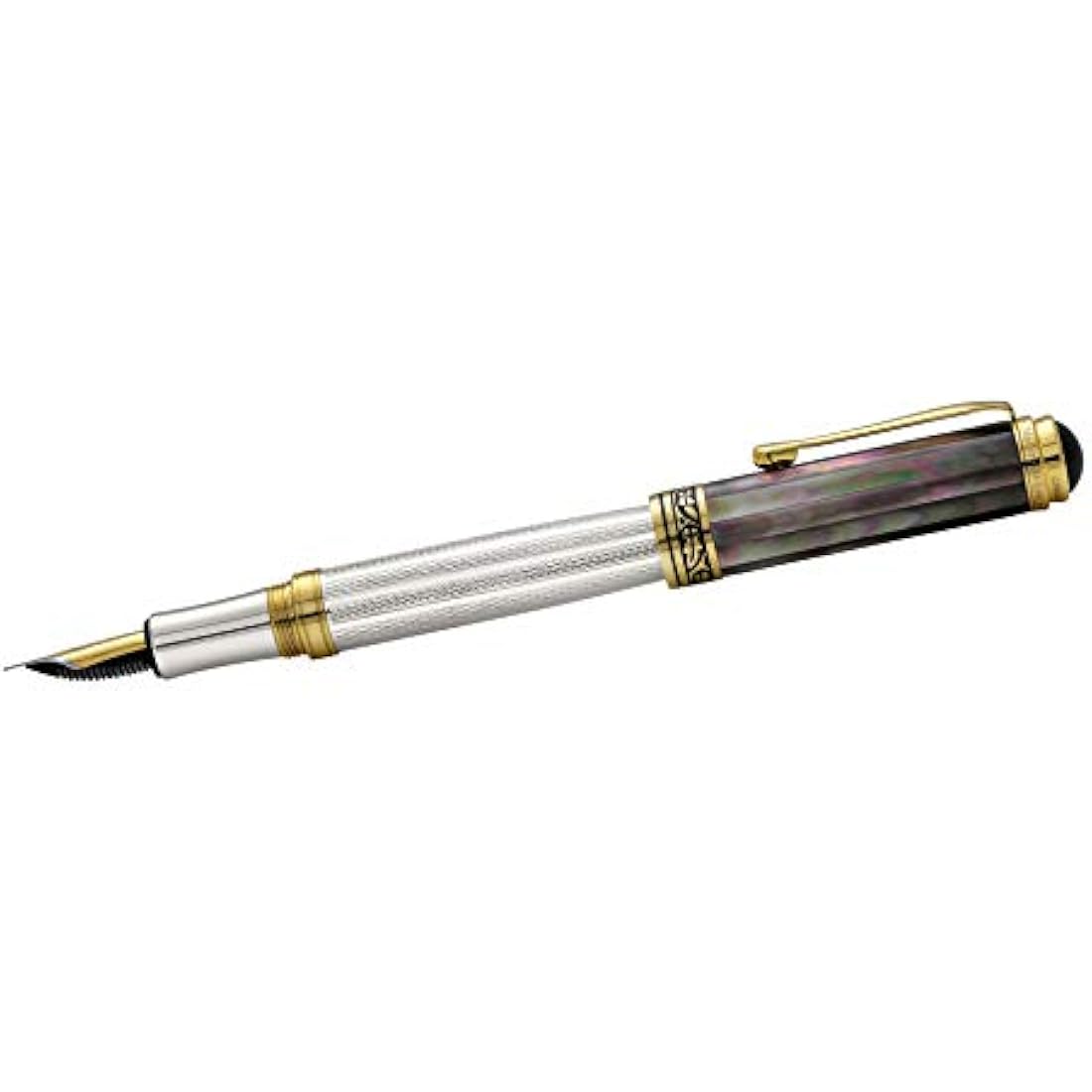 Xezo Maestro Fountain Pen, Fine Nib. Solid 925 Sterling Silver and Tahitian Black Mother of Pearl with 18 Karat Gold Plating. Handcrafted, Limited Edition, Serialized
