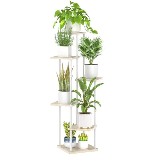 LyTaispuly 6 Tier Tall Corner Plant Stands Indoor Outdoor, 115cm Large Metal Wood Plant Stand Flower Shelf for Multiple Plants, Tiered Plant Holder Rack for Balcony Garden Patio Living Room (White)