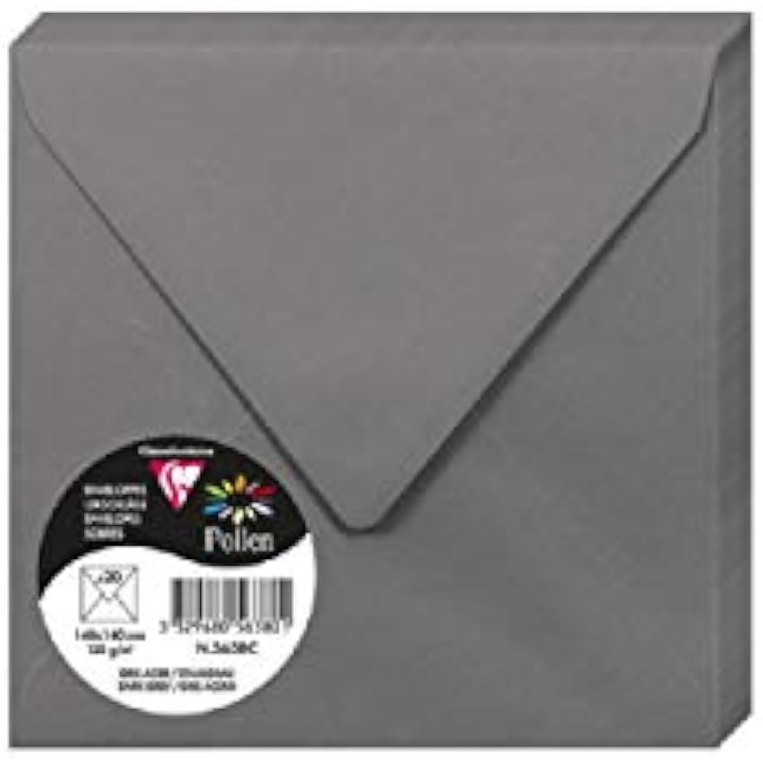 Clairefontaine - Ref 5638C - Pollen Envelopes (Pack of 20) - 140 x 140mm Sized, 120gsm Paper, Gummed Seal, Inkjet & Laser Printer Compatible, Acid Free - Dark Grey