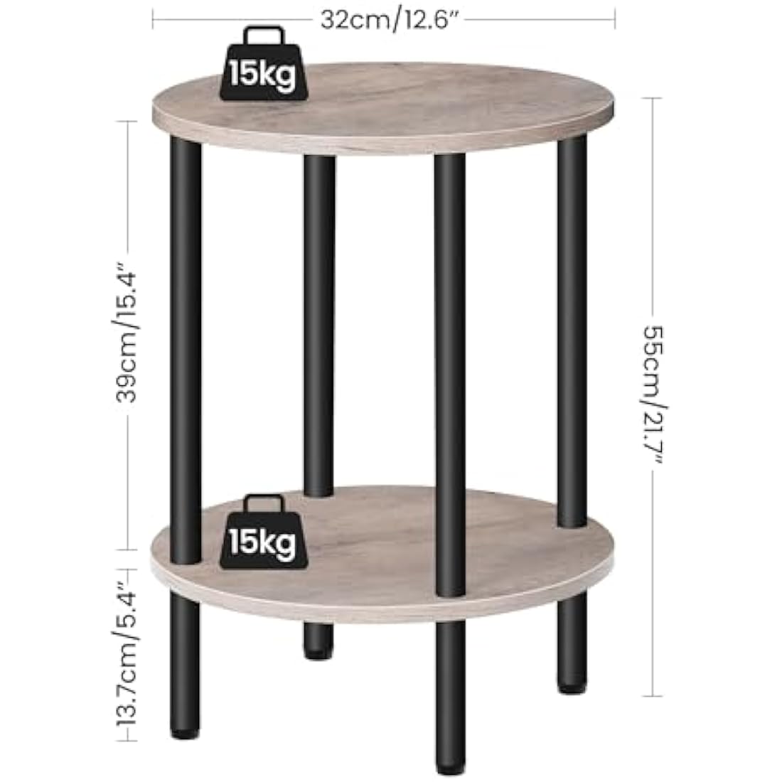 CHOEZON Round Side Table, 2-Tier End Table, Small Round Nightstand with Sturdy Metal Tube, Industrial Coffee Tables, for Living Room, Bedroom, Greige and Black DTBZ01BG
