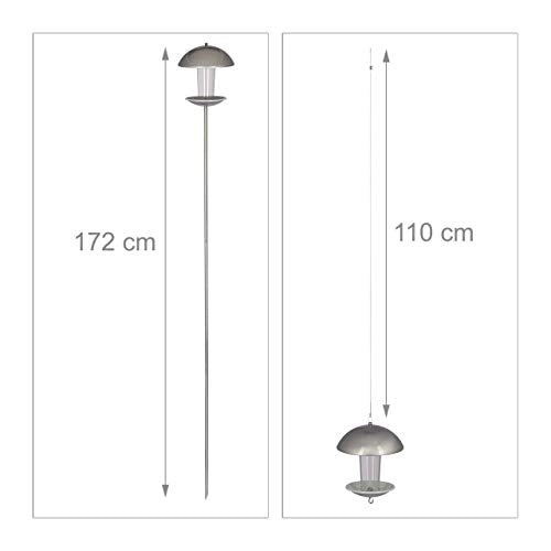 Relaxdays Bird Feeder, Birdhouse, Standing or Hanging Seed Dispenser, Garden & Balcony, H: 172 cm, Silver