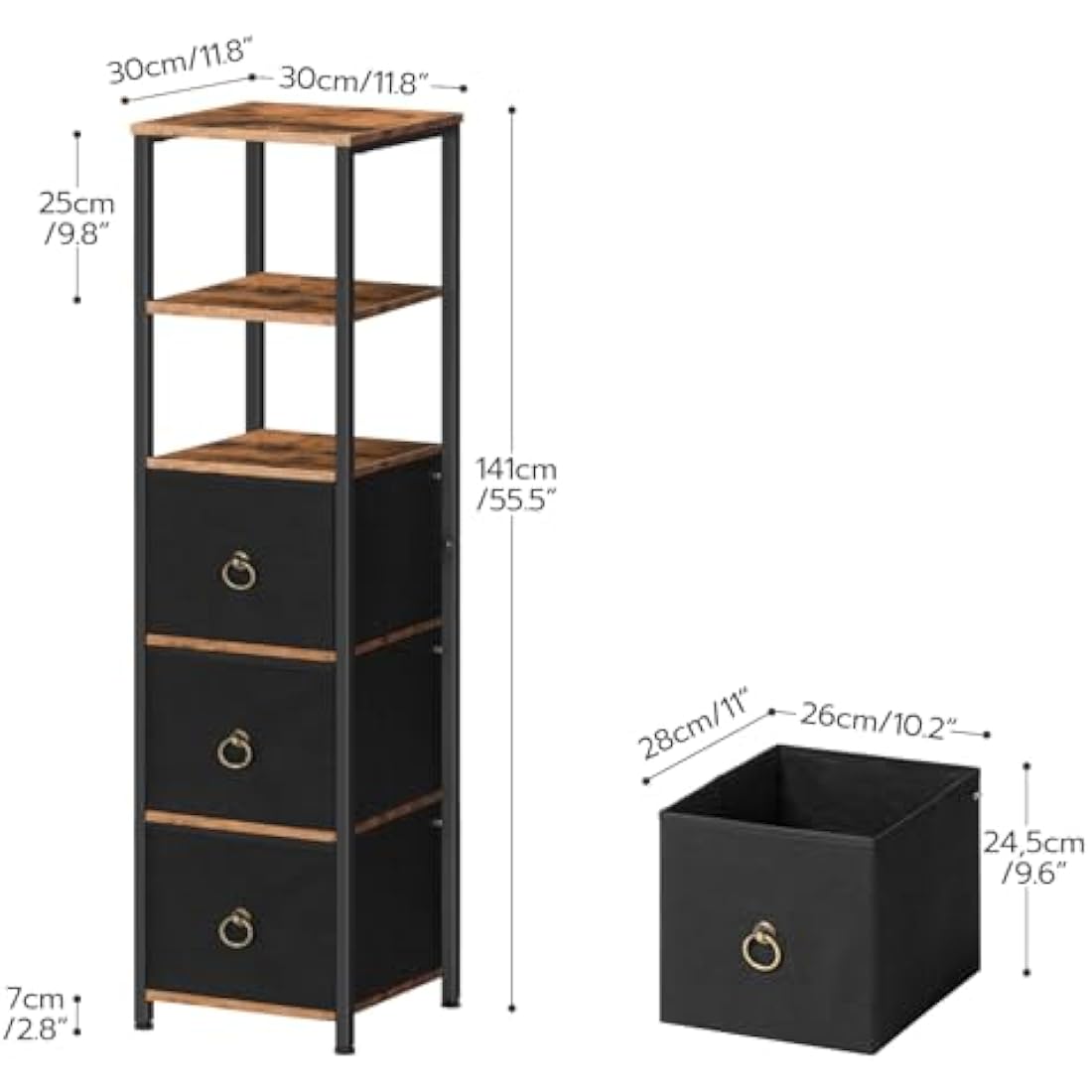 HOOBRO Tall Bathroom Cabinet, Narrow Corner Storage Cabinet, Slim Corner Shelf Unit with 3 Fabric Drawers and 2 Open Shelves, Narrow Storage Unit for Living Room, Rustic Brown and Black EBF140CW01