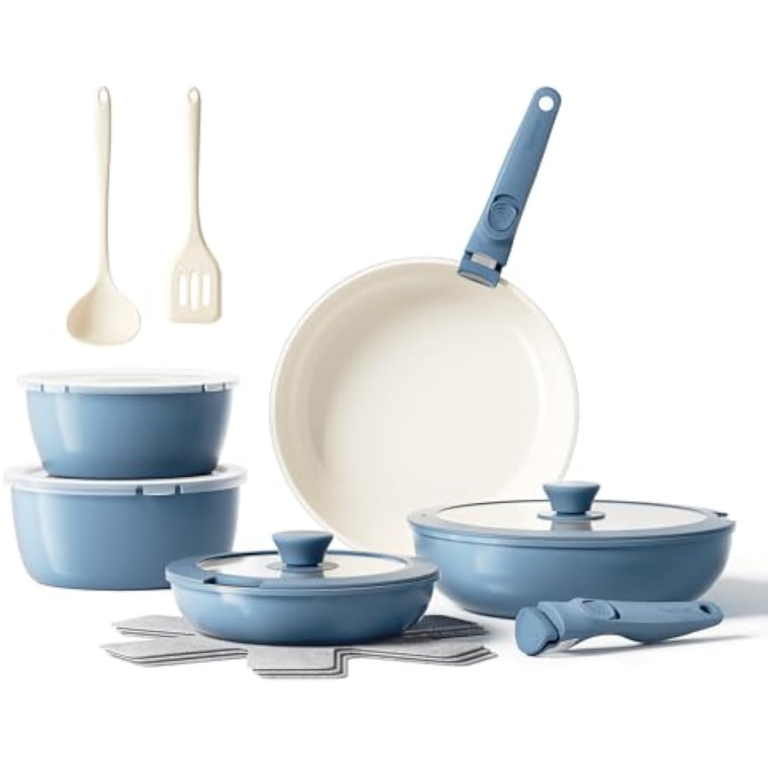 Redchef Ceramic Pots and Pans Set Non Stick, 16 pcs Nonstick Cookware Set with Detachable Handle, Non Toxic, PFAS PFOA & PTFE Free, RV Ceramic Cookware Set for Camping, Oven Safe (Blue)