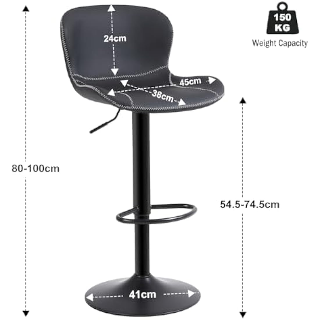 Youhauchair Bar Stools Set of 2, PU Leather Counter Height Barstools with Back, Height Adjustable Swivel Bar Chairs, Modern Armless Kitchen Island Stool, Black