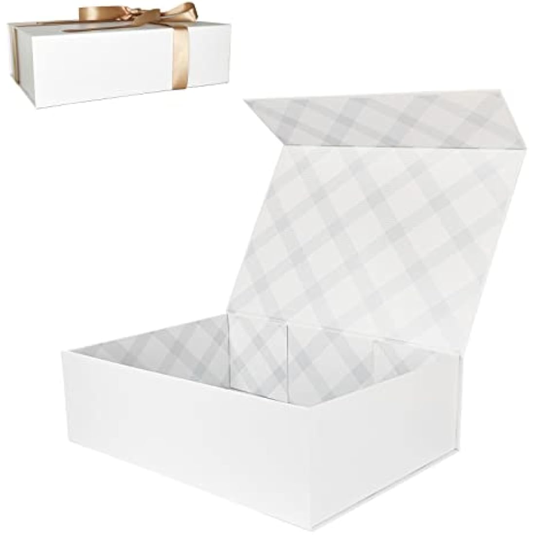 Tekhoho White Large Gift Box 33x23.7x10 cm, Premium Present Box with Magnetic Lid and Ribbon for Holidays Wedding Birthday Gift Packaging, Plaid Lining