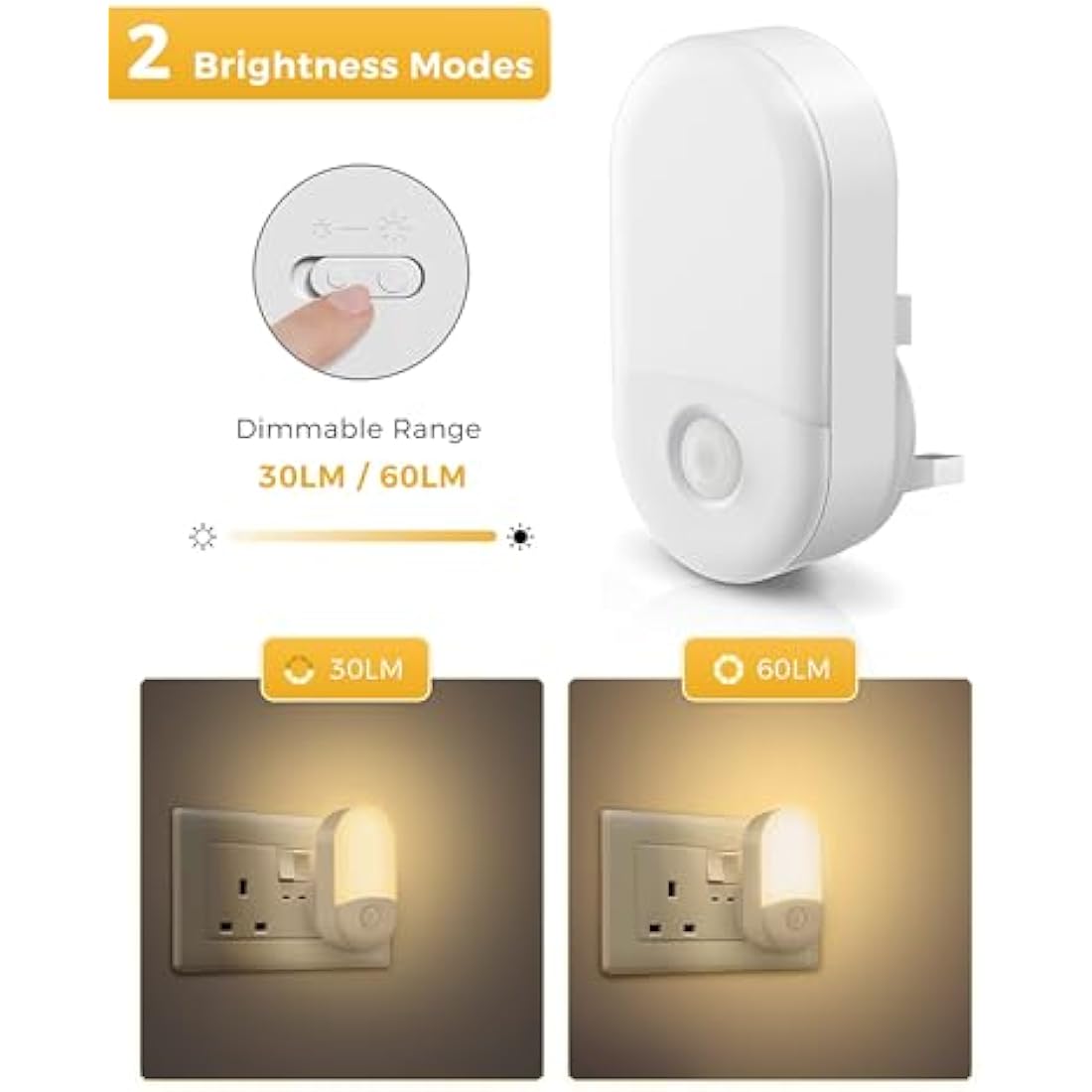 LOHAS-LED Night Light, [2 Pack] Night Light Plug in Wall with Dusk to Dawn Photocell Sensor, Brightness Adjustable, 3000K Warm White, Nightlight for Hallway, Bedroom, Kitchen