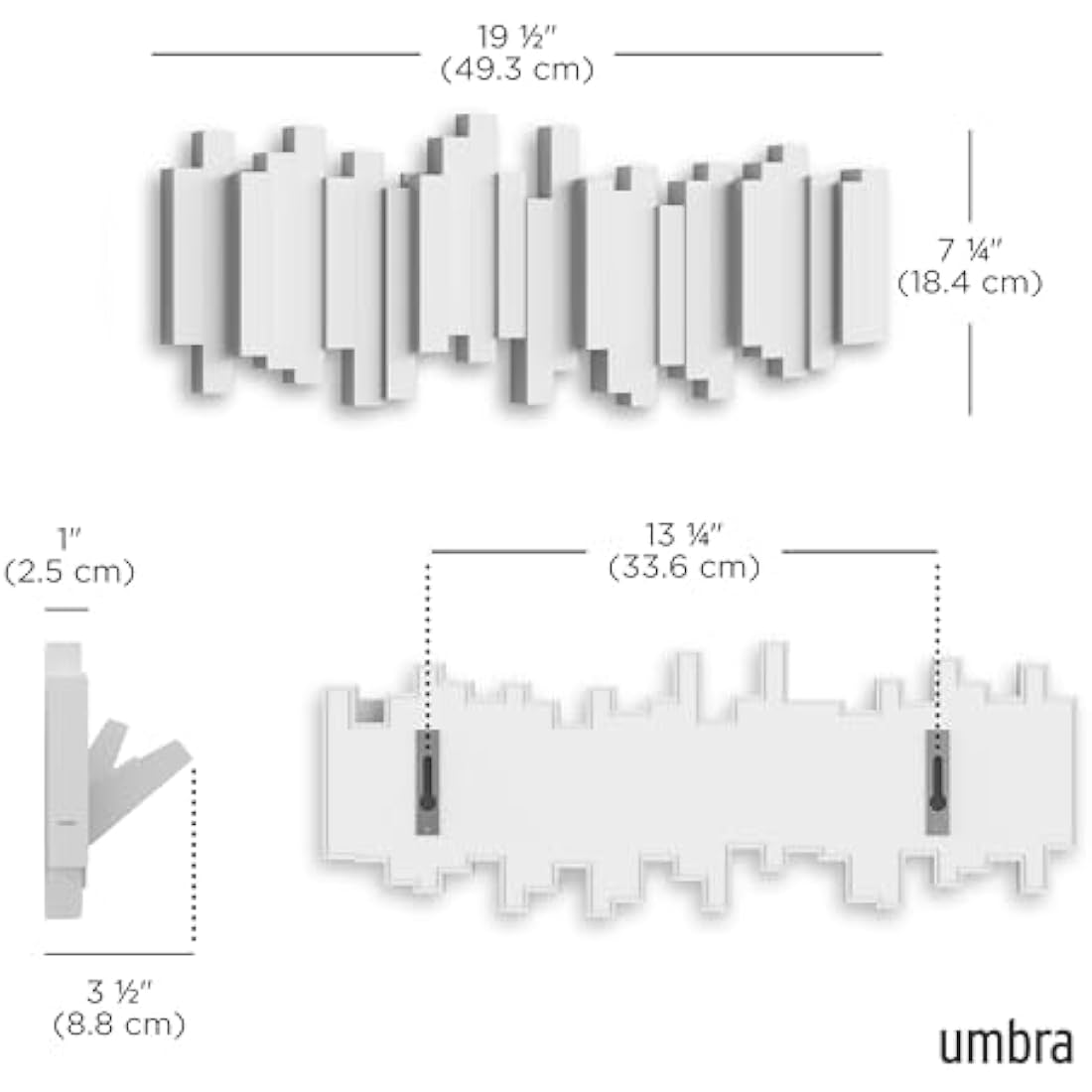 Umbra Sticks Multi Hook Coat Rack - Modern, Unique, Space-Saving Wall Mounted Coat Hanger with 5 Flip-Down Hooks for Hanging Coats, Scarves, Purses and More, White,19-1/8" x 7-1/8" x 1-1/8" h