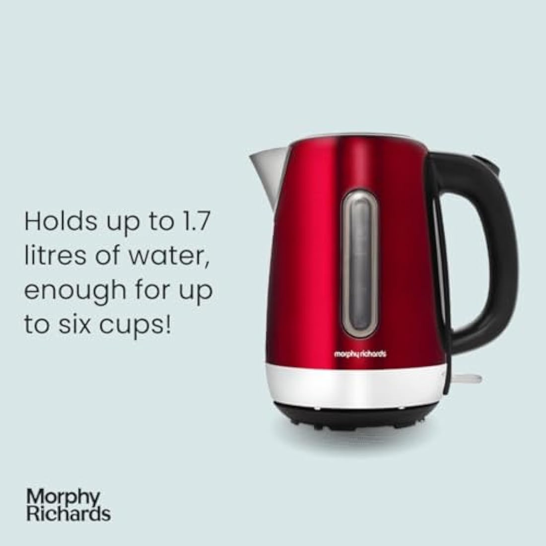Morphy Richards Equip Kettle, 1.7L, 3Kw Rapid boil, Removeable Limescale Filter, Easy View Water Gauge, Stainless Steel Case, Red, 102785