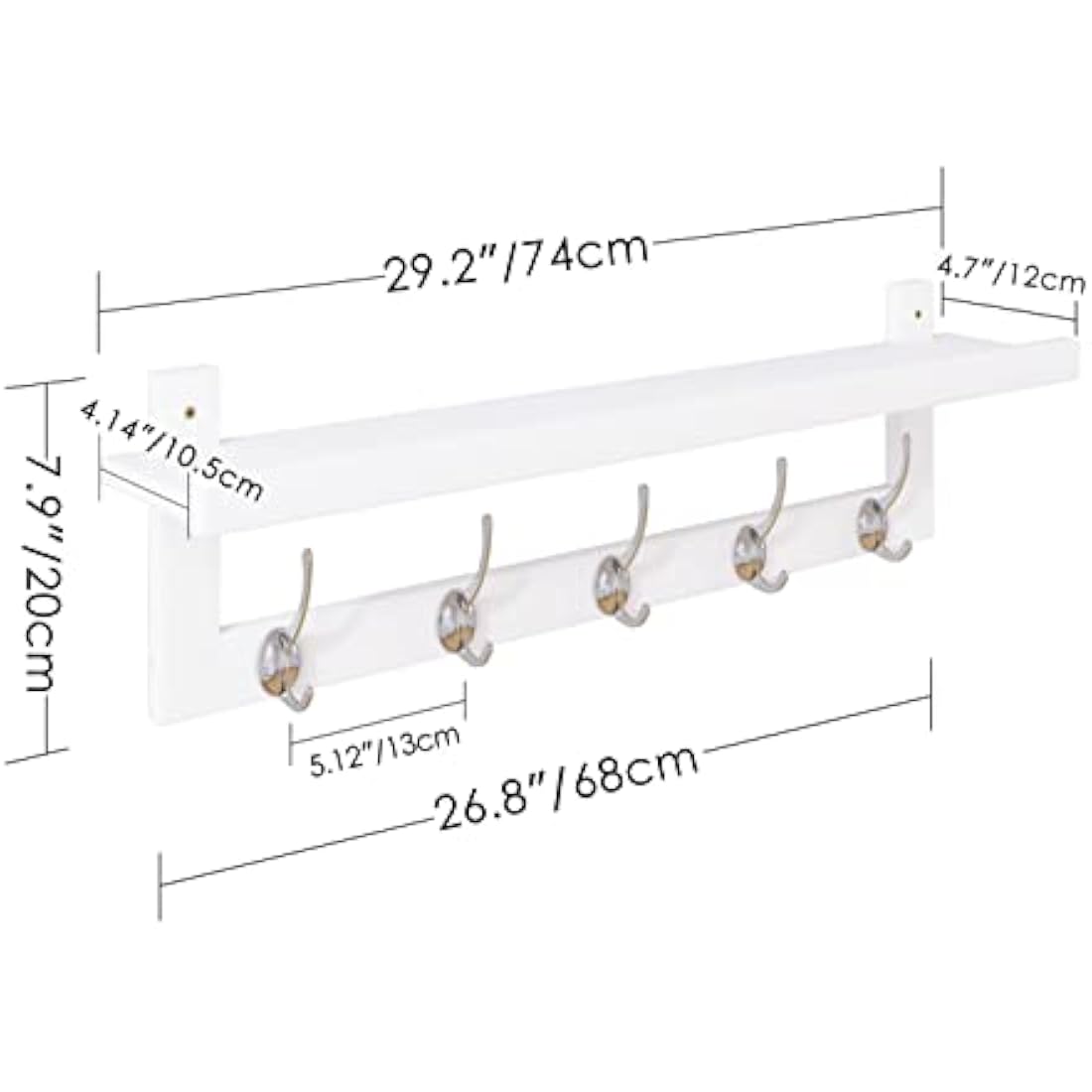 SMIBUY Coat Hooks with Shelf Wall-Mounted, 74 cm Entryway Coat Rack for Wall, Bamboo Hanging Shelf with 5 Double Metal Hooks for Bathroom, Bedroom, Kitchen, Living Room, Mudroom (White)