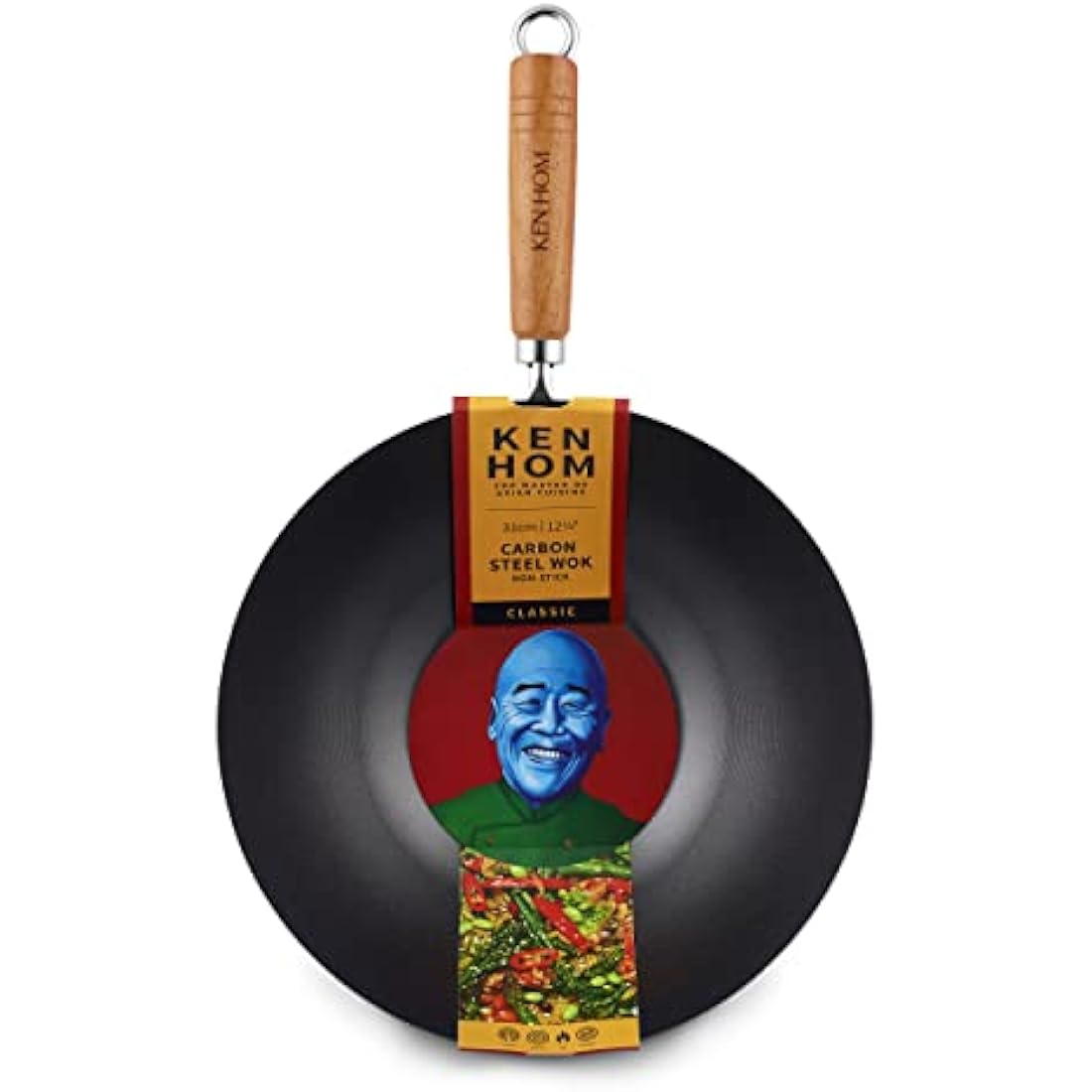 Ken Hom Carbon Steel Wok, 31cm, Classic, Non-Induction/Wooden Handle/Flat Base Pan, Includes 1 x Chinese Wok Pan, KH331001