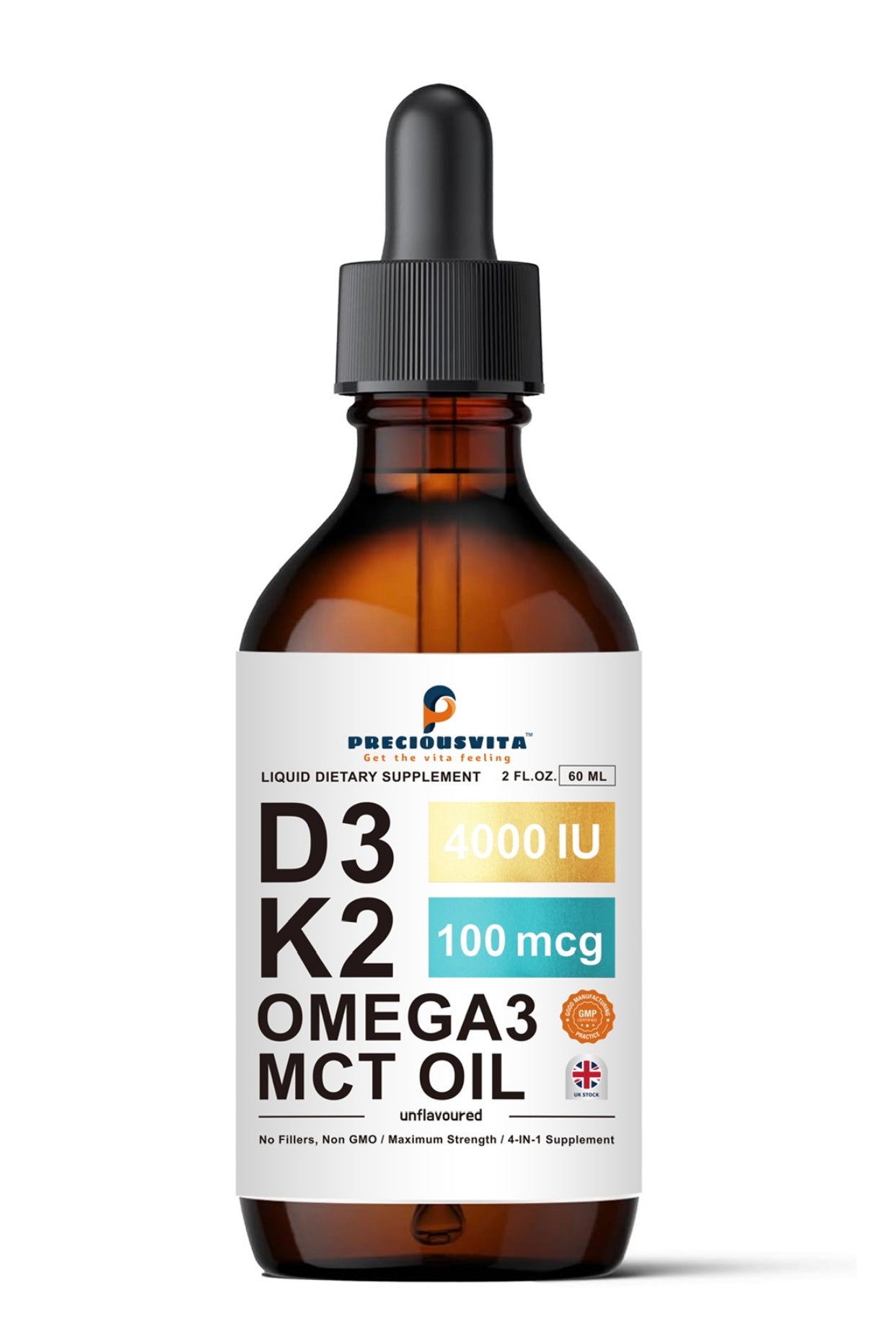 Preciousvita Vitamin D3K2 Liquid Drops,Vitamin D3 4000iu & Vitamin K2 100MCG,Unflavoured,60ml