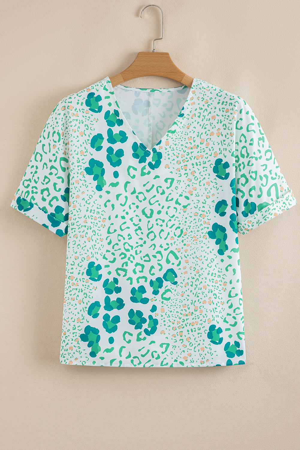 Sky Blue Mixed Leopard Print V Neck Short Sleeve Blouse