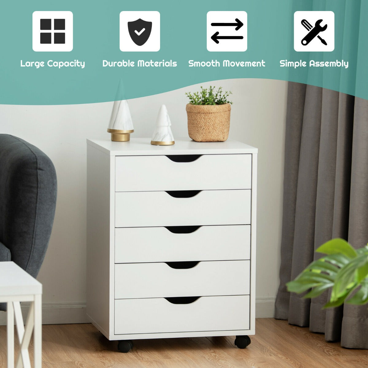 5 Drawer Chest with Wheels for Home and Office-Black