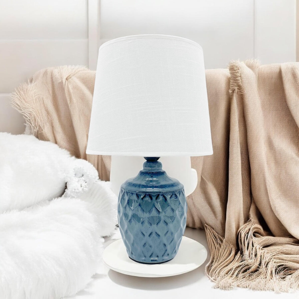 40CM BLUE CERAMIC  LAMP AND SHADE