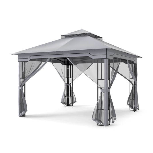 330 X 330 CM Double Roof Soft Top Patio Gazebo with Zippered Mesh Netting-Gray