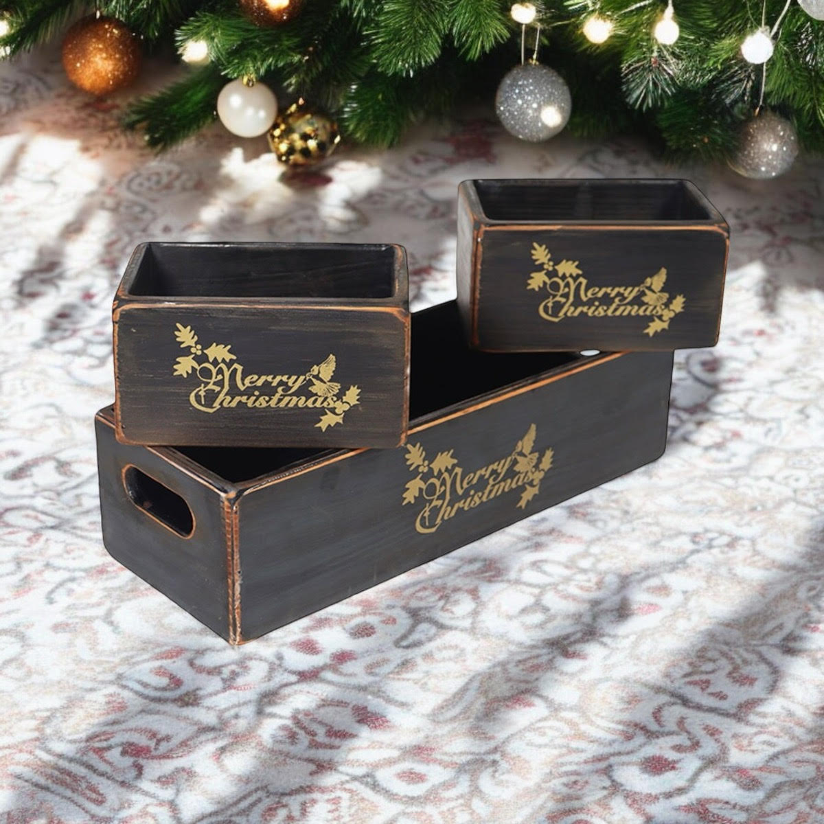 34/15/15CM SET 3 BL;ACK WOODEN BOXES