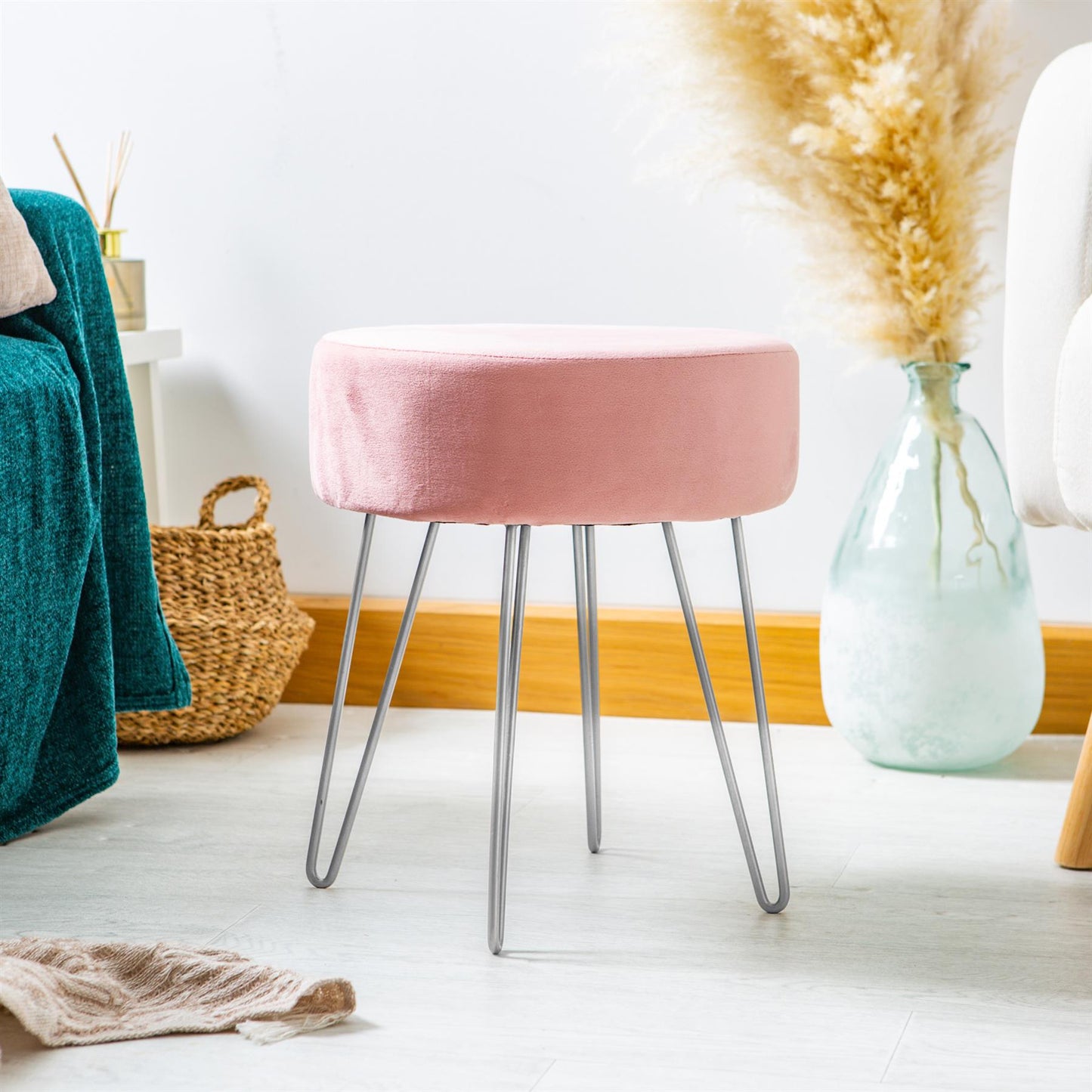 Pink Round Velvet Footstool