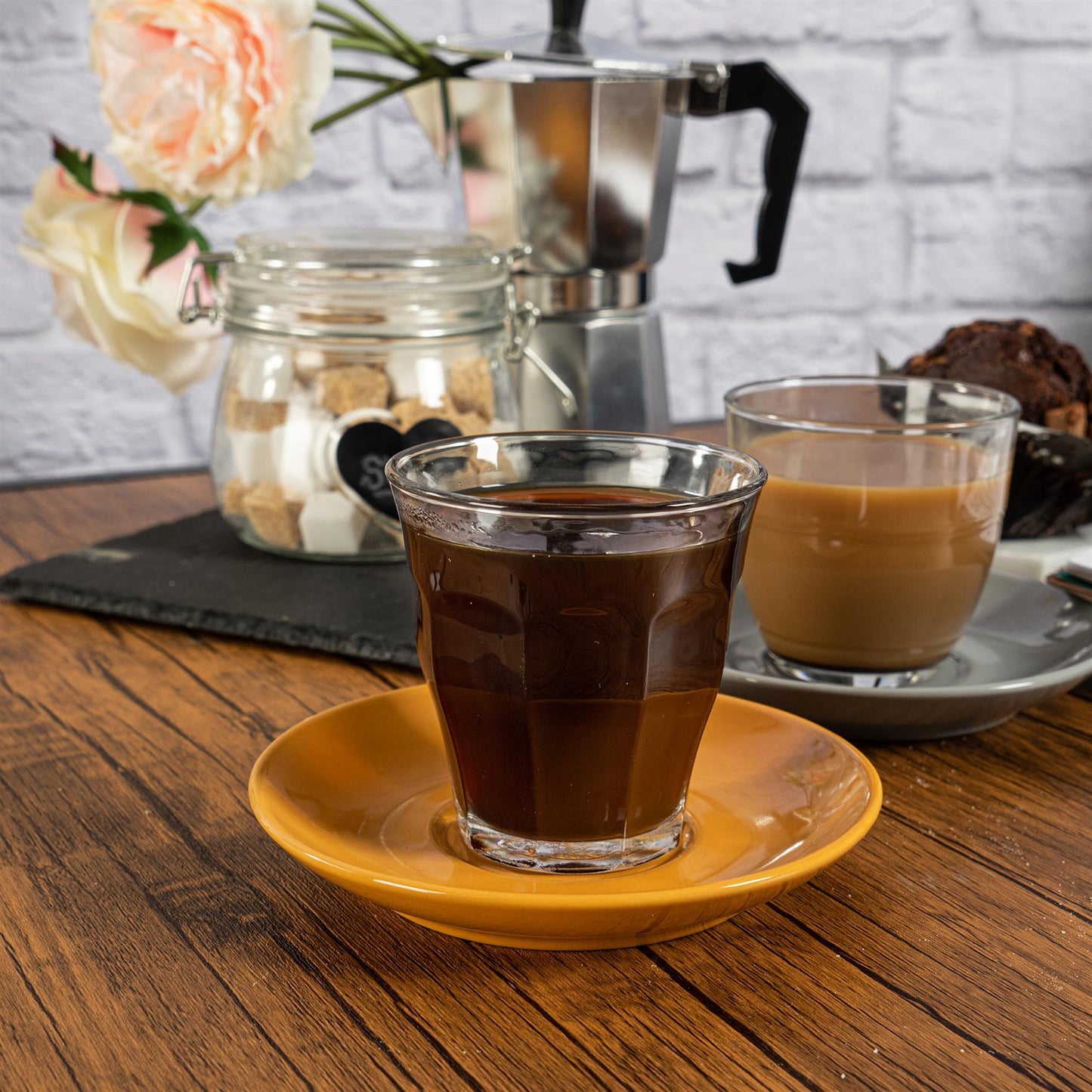 220ml Gigogne Glass Coffee Cups & Saucers - Pack of Six